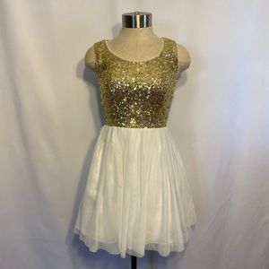 Brand: B. Darlin. Gold sequin off white dress